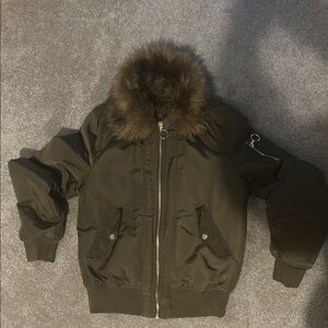 Olive Green Bomber Jacket with Fur Collar